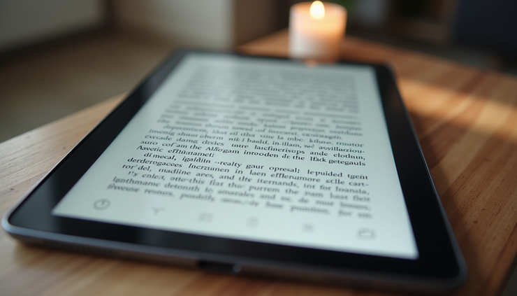 Vista frontal de um tablet com aplicativo de leitura aberto mostrando uma página de livro digital