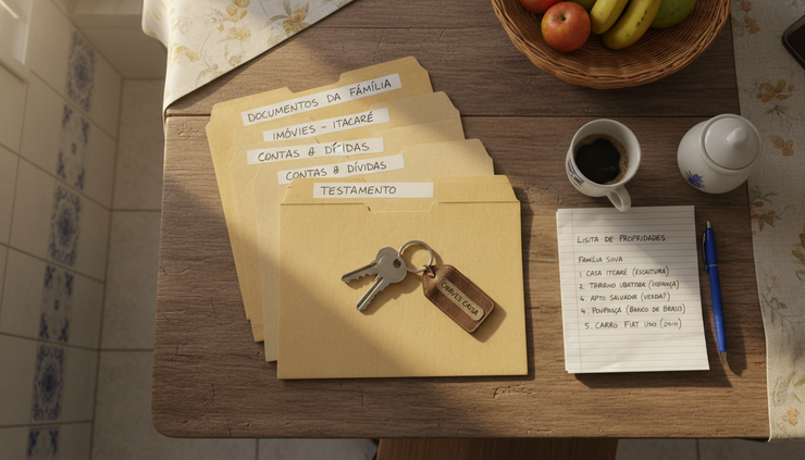 Overhead view of labeled folders, keys, and a handwritten family property list