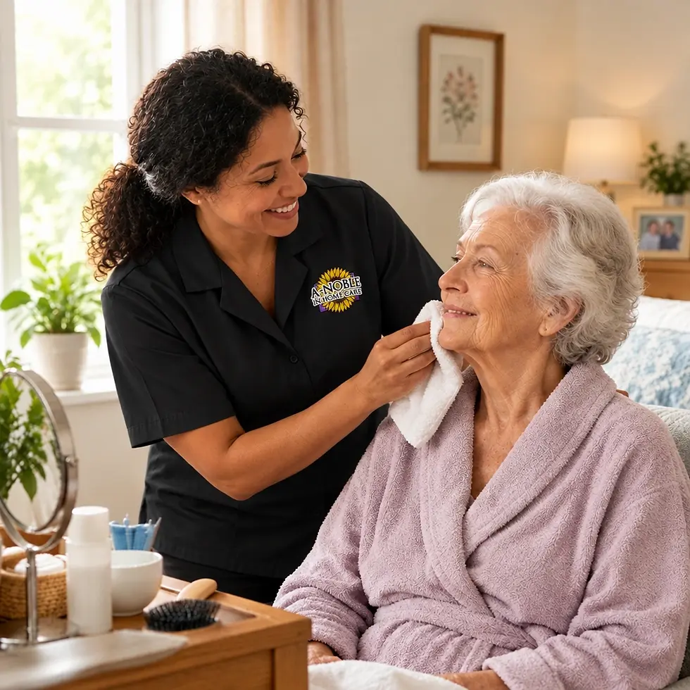 Studio photography of a caregiver gently wiping the face of an elderly woman. The scene is bright and comforting, conveying care and professional support in a home-like setting.