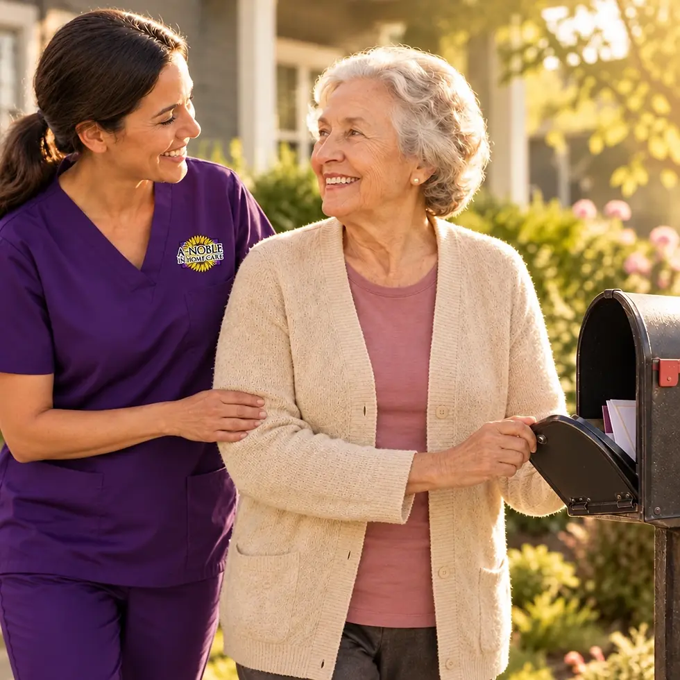 Studio photography of a smiling caregiver assisting an elderly woman in checking her mailbox. The scene is brightly lit with a warm, caring atmosphere.