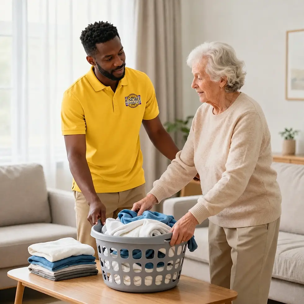 Stock photography of a caregiver assisting an elderly woman with folding clothes in a bright, cozy living room. The scene conveys a caring, supportive, and professional atmosphere.