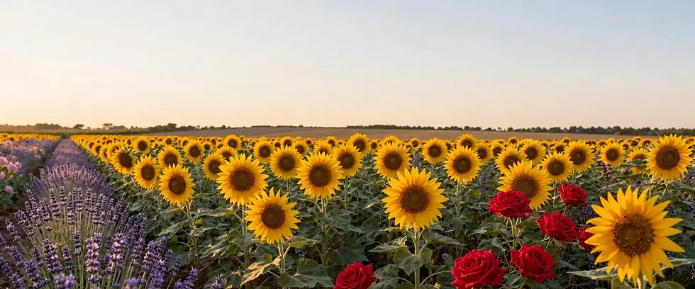 Landscape photography of a vibrant sunflower field with bright red roses in the foreground. The scene is illuminated by soft, golden sunset light, creating a warm and peaceful atmosphere.