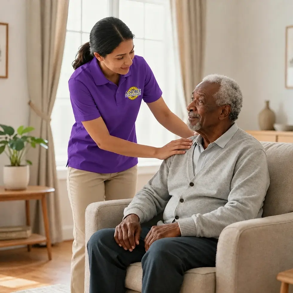 Studio photography of a young caregiver placing a comforting hand on the shoulder of an elderly man. The scene is set in a bright, cozy room, conveying a sense of compassion and professional care.