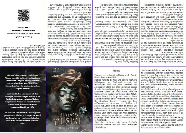 Das Zine für den Roman Shadow Desire Medusa und Perseus. Das Cover, der Klappentext und ein Ausschnitt des ersten Kapitels
