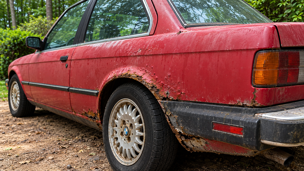 Rust around the rear wheel arch and lower body of a red BMW E30