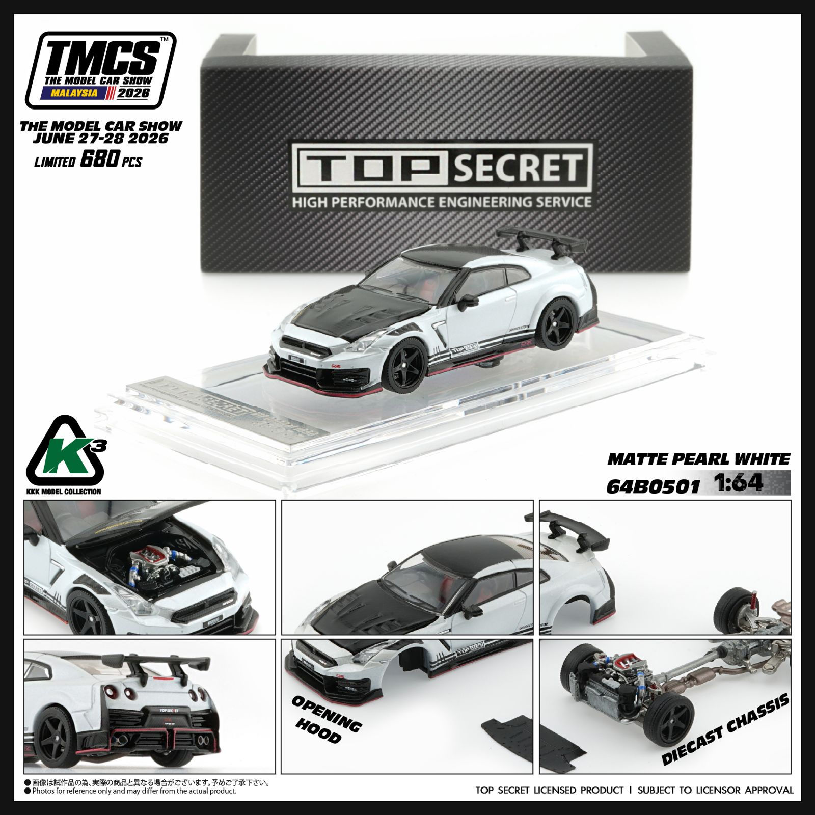 PREVENTA K'3 1/64 TOP SECRET Nissan GT-R R35 Matte Pearl White TMCS Malaysia 26
