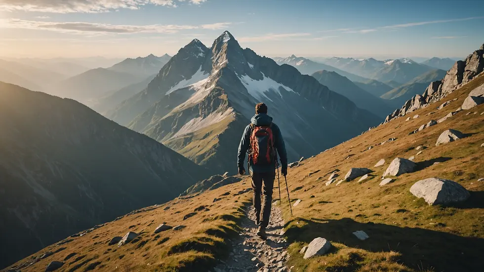 Determined individual hiking towards a mountain summit, symbolizing perseverance and goal achievement