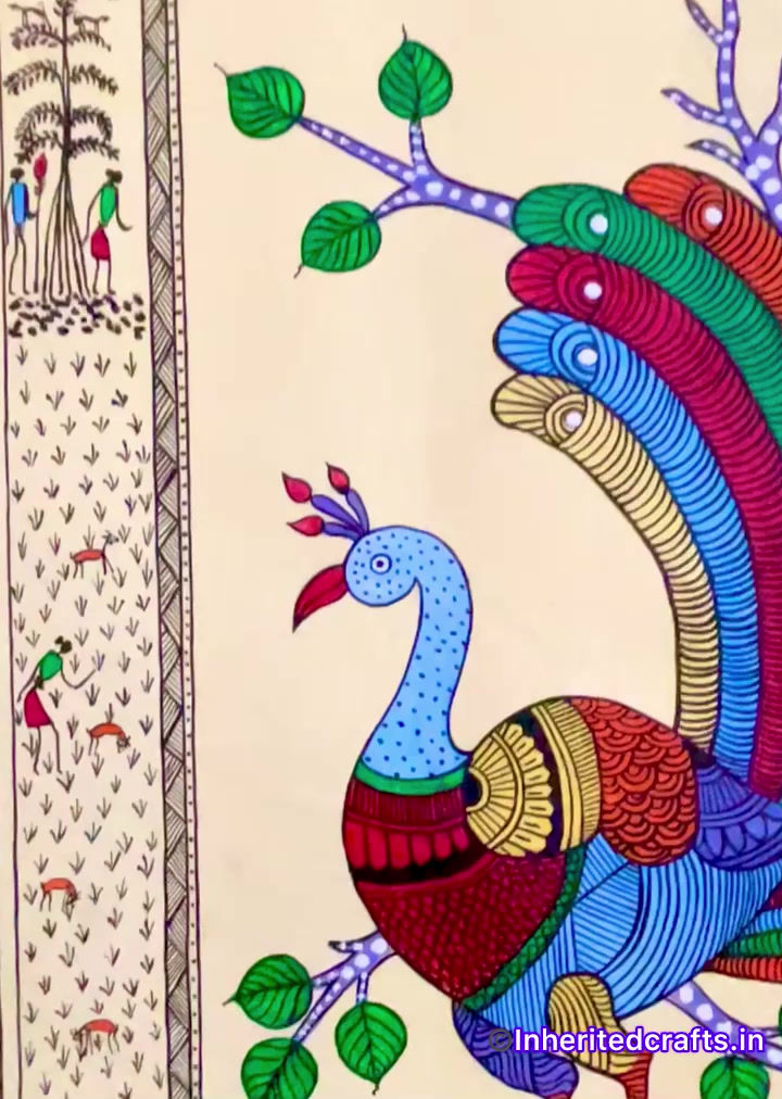 Thumbnail: Rare Blending: Dancing Gond Peacock Encircled Saura