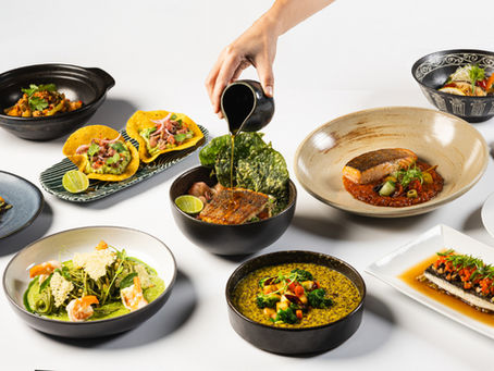 A variety of colorful gourmet dishes on a white table, with a hand pouring sauce over one. Plates include tacos, salmon, and vibrant desserts.