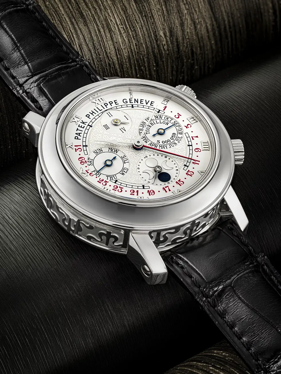 Luxury Patek Philippe wristwatch with black leather strap, silver dial, and moonphase complications on a dark textured background