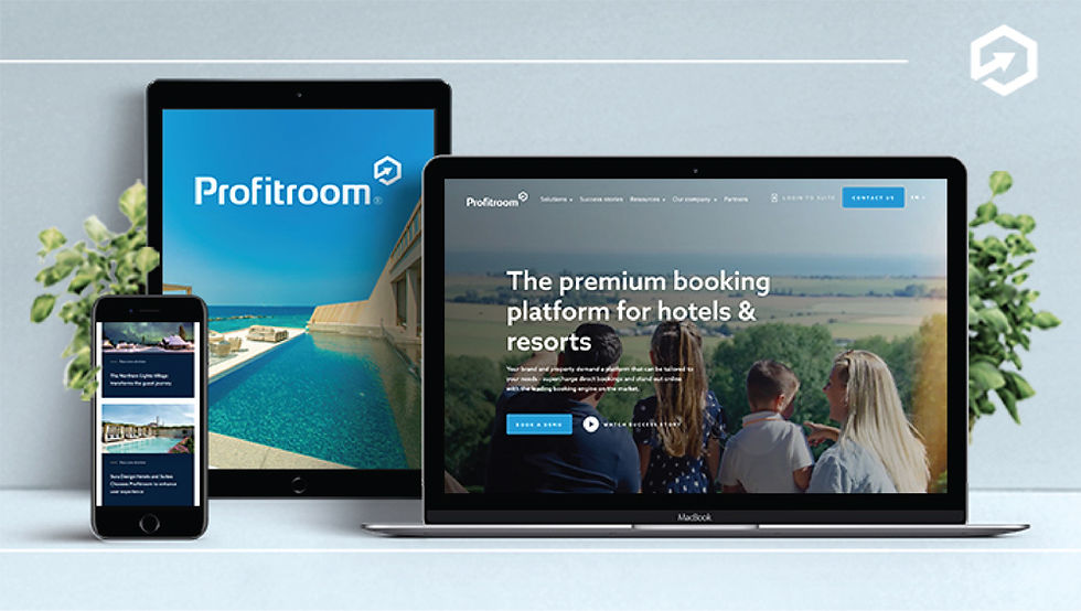 Laptop, tablet and phone display Profitroom hotel booking website with text The premium booking platform for hotels & resorts.