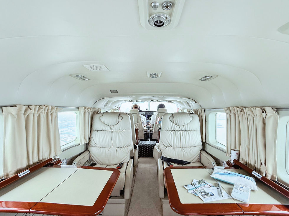 Luxurious small airplane cabin with cream leather seats, tables, curtained windows, and two pilots in front.