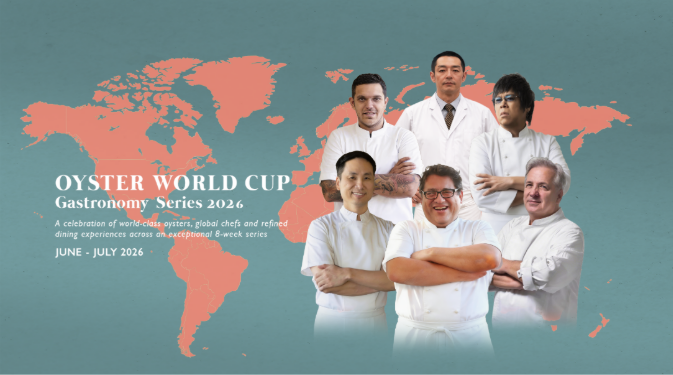 Chefs in white attire pose against a world map. Text: "Oyster World Cup Gastronomy Series 2026, June - July 2026." Mood: professional.