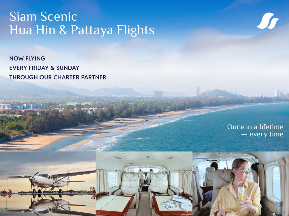 Siam Scenic ad shows Hua Hin coastline, a small plane, cabin, and a woman sipping a drink; text promotes Friday and Sunday flights.