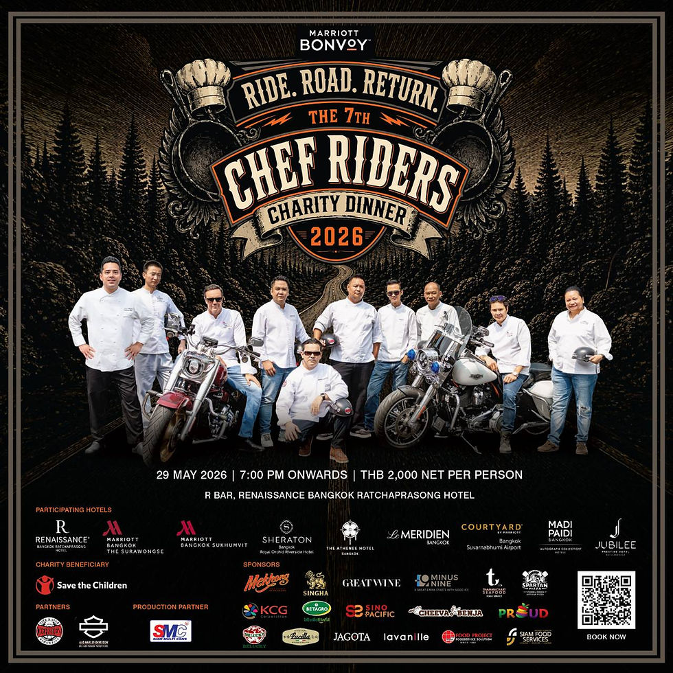 Chefs in white coats pose with motorcycles under a "Chef Riders Charity Dinner 2026" banner. Dark forest background, event details below.