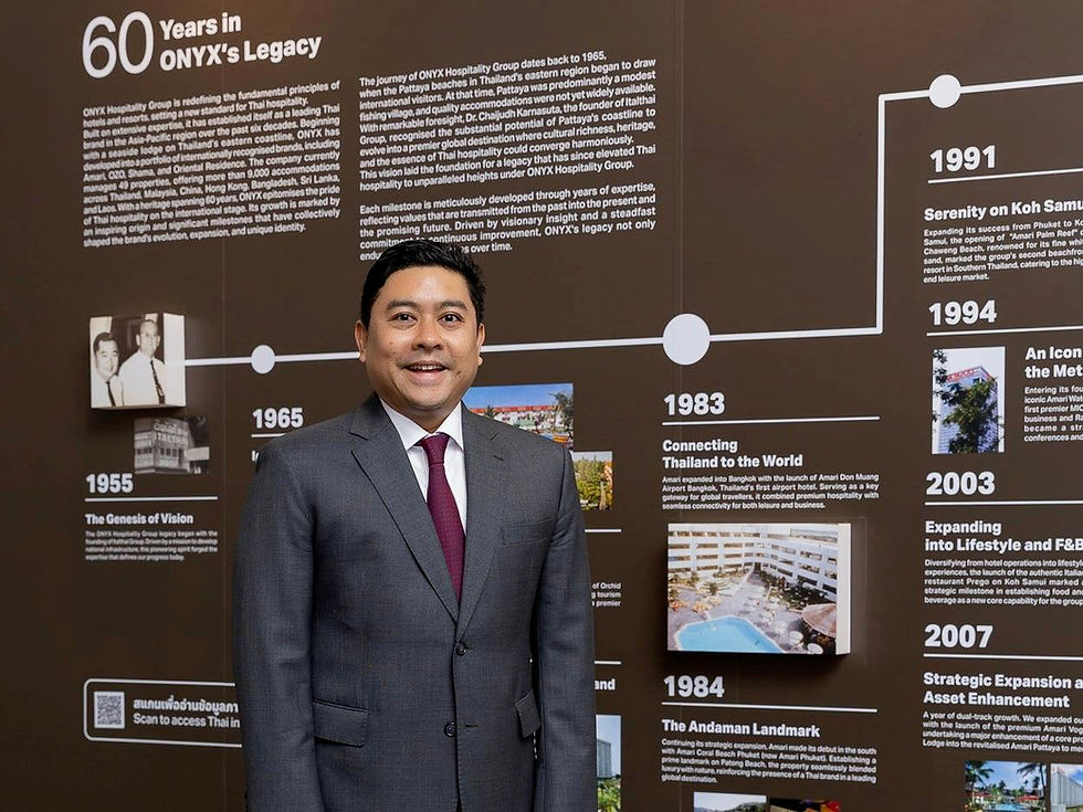 Man in a suit stands smiling in front of a timeline wall showcasing ONYX's 60-year legacy with historical text, photos, and key dates.