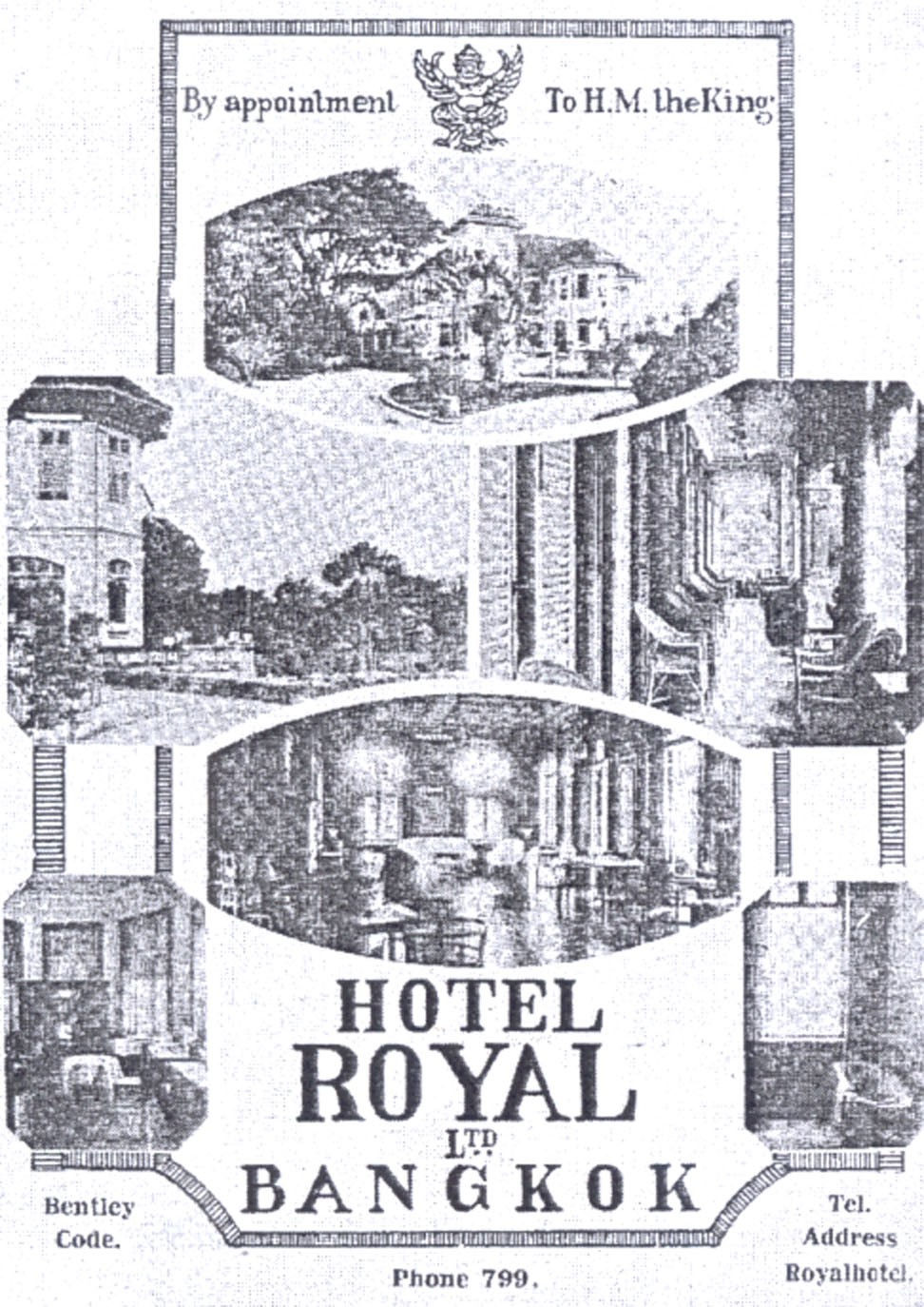 Vintage black-and-white Hotel Royal Ltd Bangkok ad with building and interior photos; text: By appointment to H.M. the King.