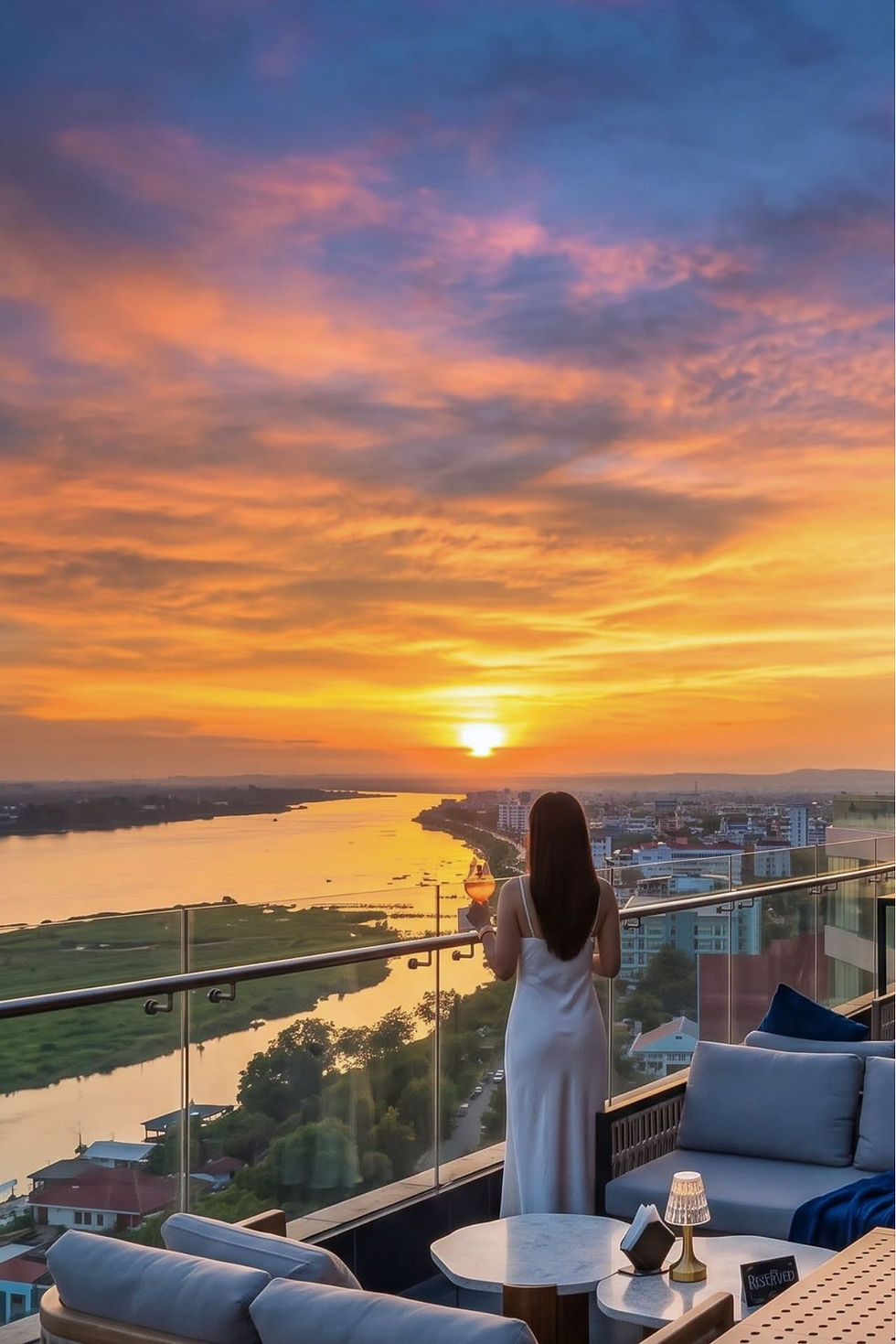 Woman in a white dress stands on a rooftop balcony, holding a drink and watching a vivid sunset over a river city; RESERVED sign.