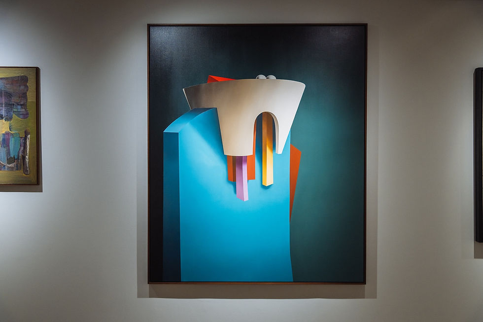 Abstract geometric painting in a gallery, with blue, white, orange and purple shapes on a dark background, framed on a wall
