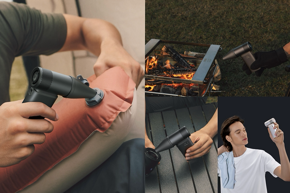 Collage of people using a handheld massage gun outdoors and indoors, with a campfire and product shots on dark and neutral backgrounds
