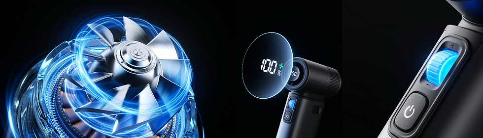 Futuristic blue-lit handheld fan on black background, with close-up blades and digital 00% display on the device.