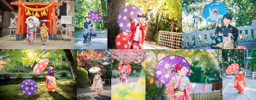 神社や庭園で、色とりどりの着物姿の子どもたちが和傘を手に笑顔でポーズする七五三・記念撮影のコラージュ