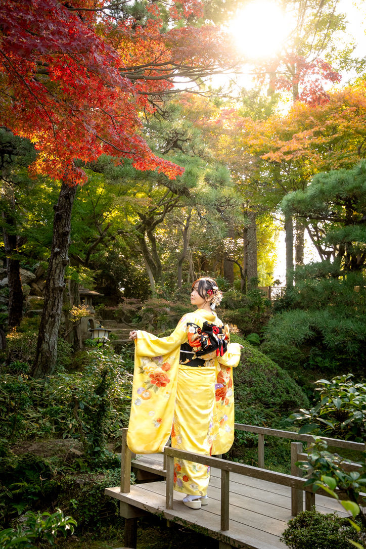 紅葉の庭園で、黄色い振袖姿の女性が木製の橋に立ち、振り向いている。朝日が差し込み、静かで華やかな雰囲気。
