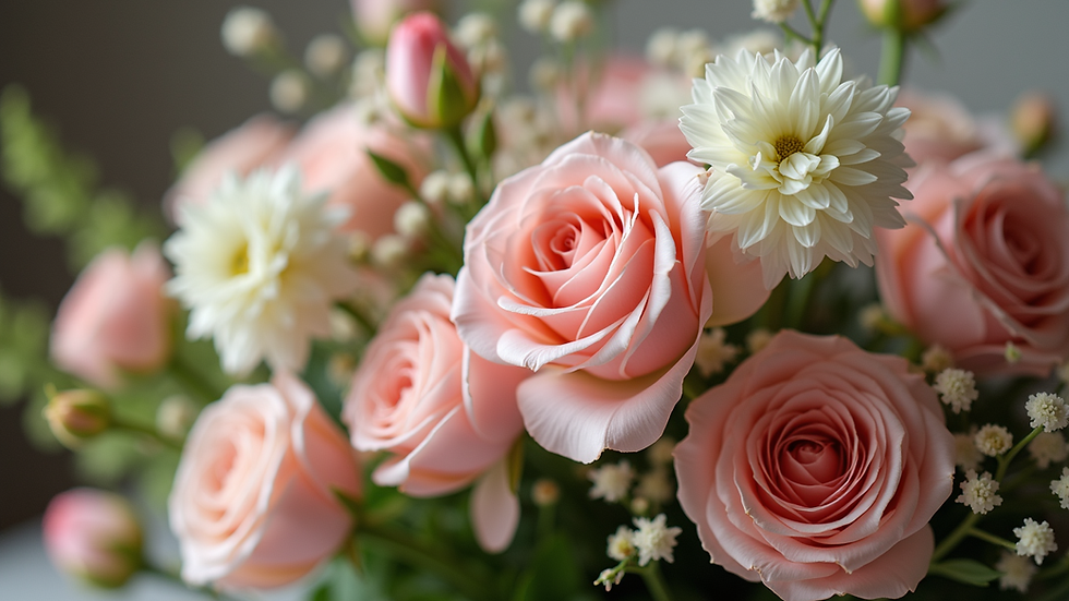 Close-up view of elegant wedding floral arrangement with seasonal blooms