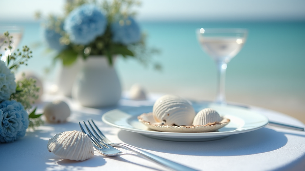 Close-up of a coastal wedding table setting with seashells and soft blue flowers