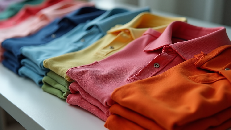 eye-level view of neatly folded polo shirts in various colors