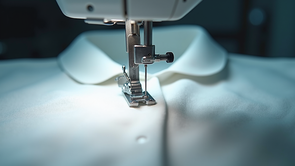 Eye-level view of sewing machine stitching a white polo shirt