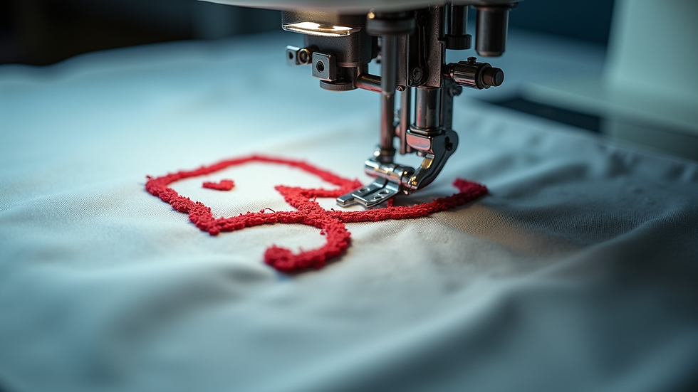 close-up view of embroidery machine stitching logo on fabric
