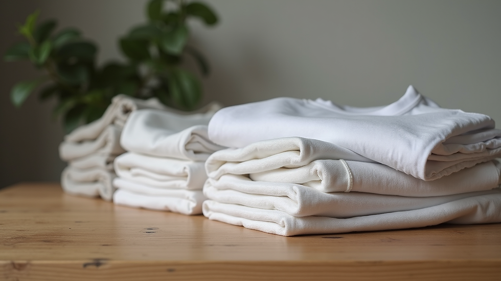 eye-level view of folded cotton T-shirts on wooden table