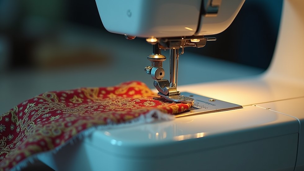 close-up view of a sewing machine stitching temple vest fabric