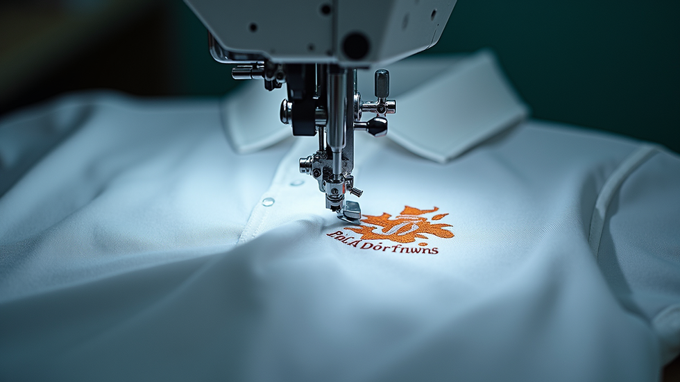 close-up view of embroidery machine stitching a logo on a polo shirt