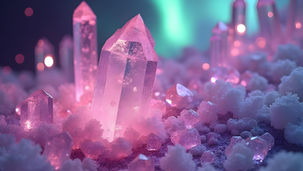 Cristais de quartzo rosa brilhando em tons roxos e verdes, cercados por formações cristalinas delicadas, representando energia de cura, espiritualidade e uso em cristaloterapia e decoração energética.