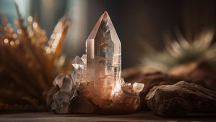 Cristal de quartzo translúcido com terminação pontiaguda sobre rochas, em ambiente natural e místico, representando energia de cura e conexão espiritual.