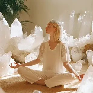 Mulher meditando em um santuário com grandes cristais de quartzo branco, representando clareza, paz interior e conexão espiritual.