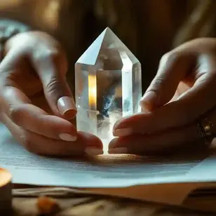 Mãos segurando um cristal transparente em formato de ponta sobre uma mesa com velas acesas, em um ambiente espiritual e acolhedor.