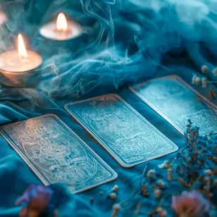 Três cartas de tarô dispostas sobre tecido azul, com velas acesas e flores ao redor, em cenário místico e espiritual.