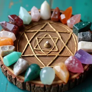 Mandala de cristais coloridos dispostos em círculo sobre base de madeira com símbolos dourados, representando equilíbrio energético e práticas espirituais.