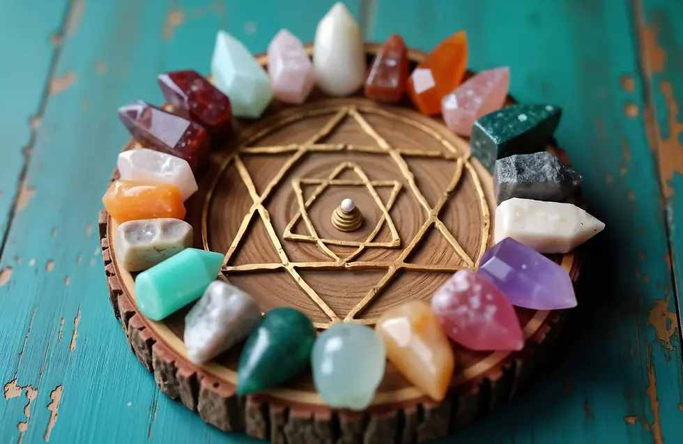 Mandala de cristais coloridos dispostos em círculo sobre base de madeira com símbolos dourados, representando equilíbrio energético e práticas espirituais.