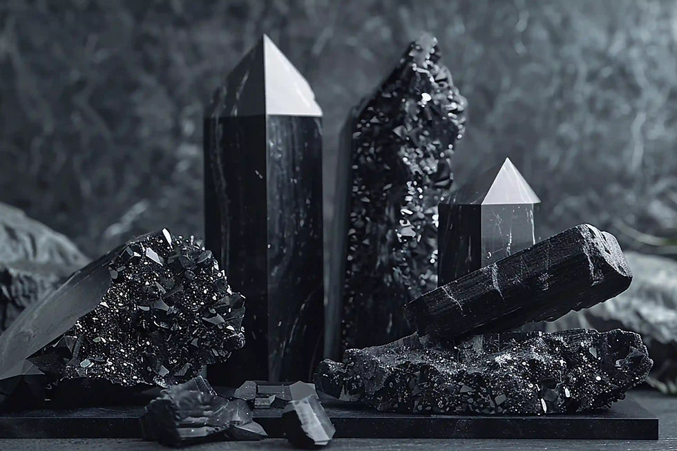Cristais de proteção pretos (Turmalina Negra e Obsidiana) para aterramento e limpeza energética.