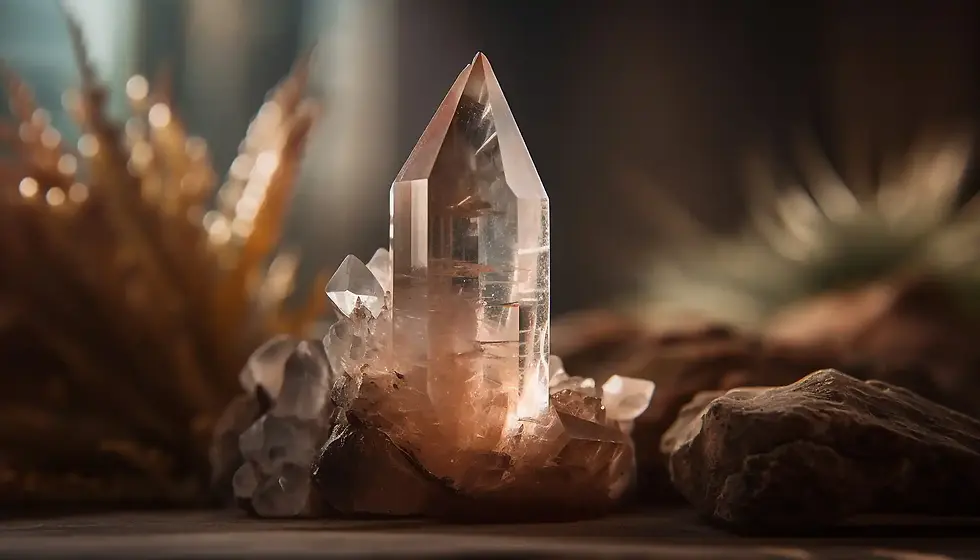 Cristal de quartzo translúcido com terminação pontiaguda sobre rochas, em ambiente natural e místico, representando energia de cura e conexão espiritual.