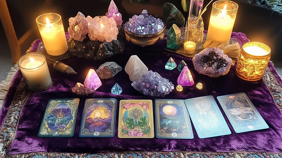 Altar espiritual com cristais coloridos, velas acesas e cartas de tarô sobre tecido roxo, simbolizando energia, cura e conexão espiritual.
