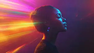Mulher de olhos fechados envolta por feixes de luz coloridos, transmitindo paz interior, autoconexão e energia espiritual.