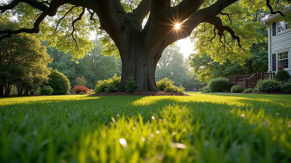 Eye-level view of a well-maintained front yard with a large oak tree