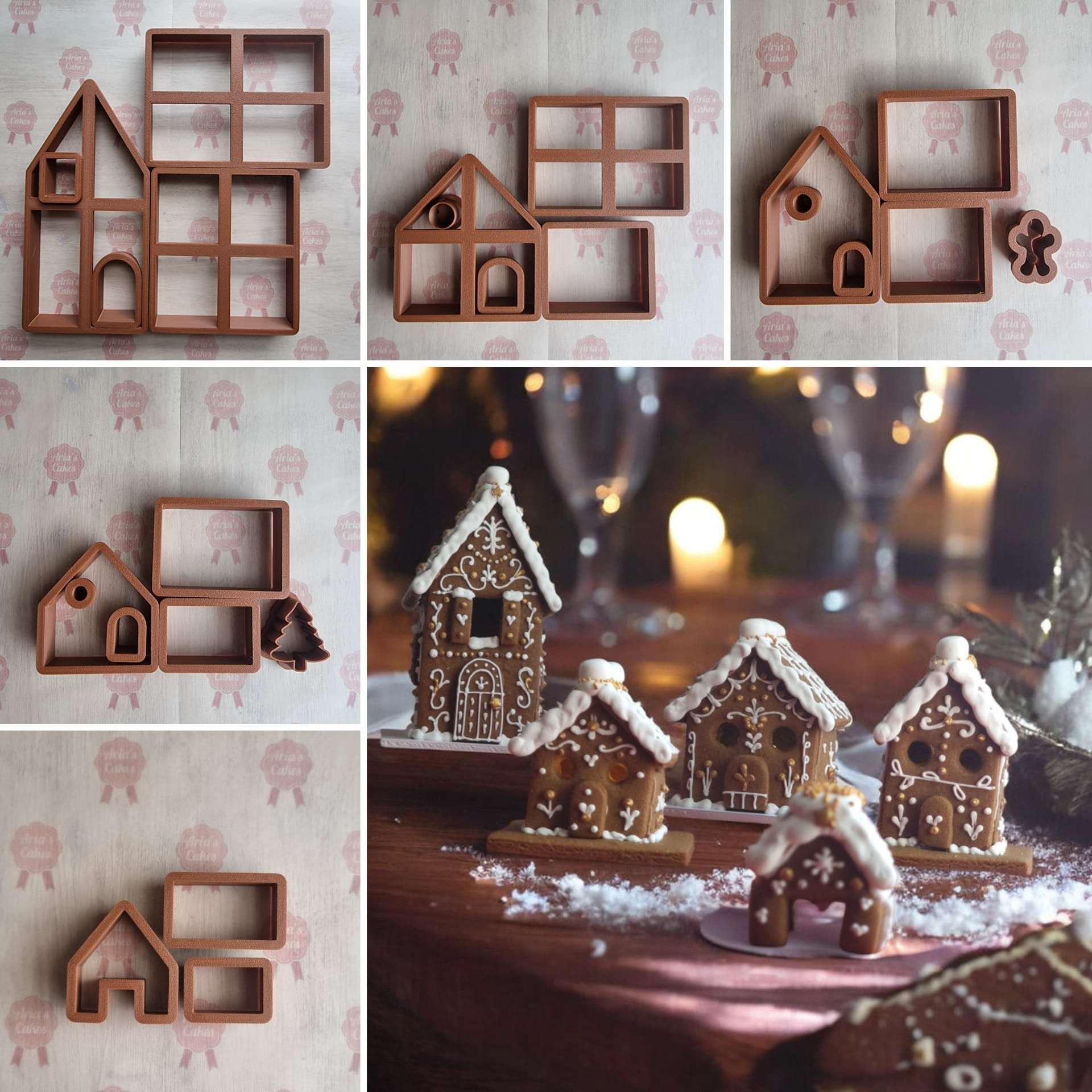 Snow Collection gingerbread house cookie cutters alongside a freshly baked gingerbread house, showcasing the designs by Aria’