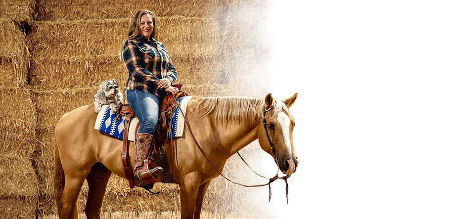 Western Tack Trader UK western saddler sitting on a palomino estern horse with a small dog behind her