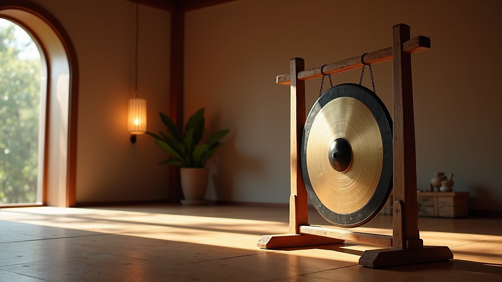 Eye-level view of a gong instrument in a serene meditation room